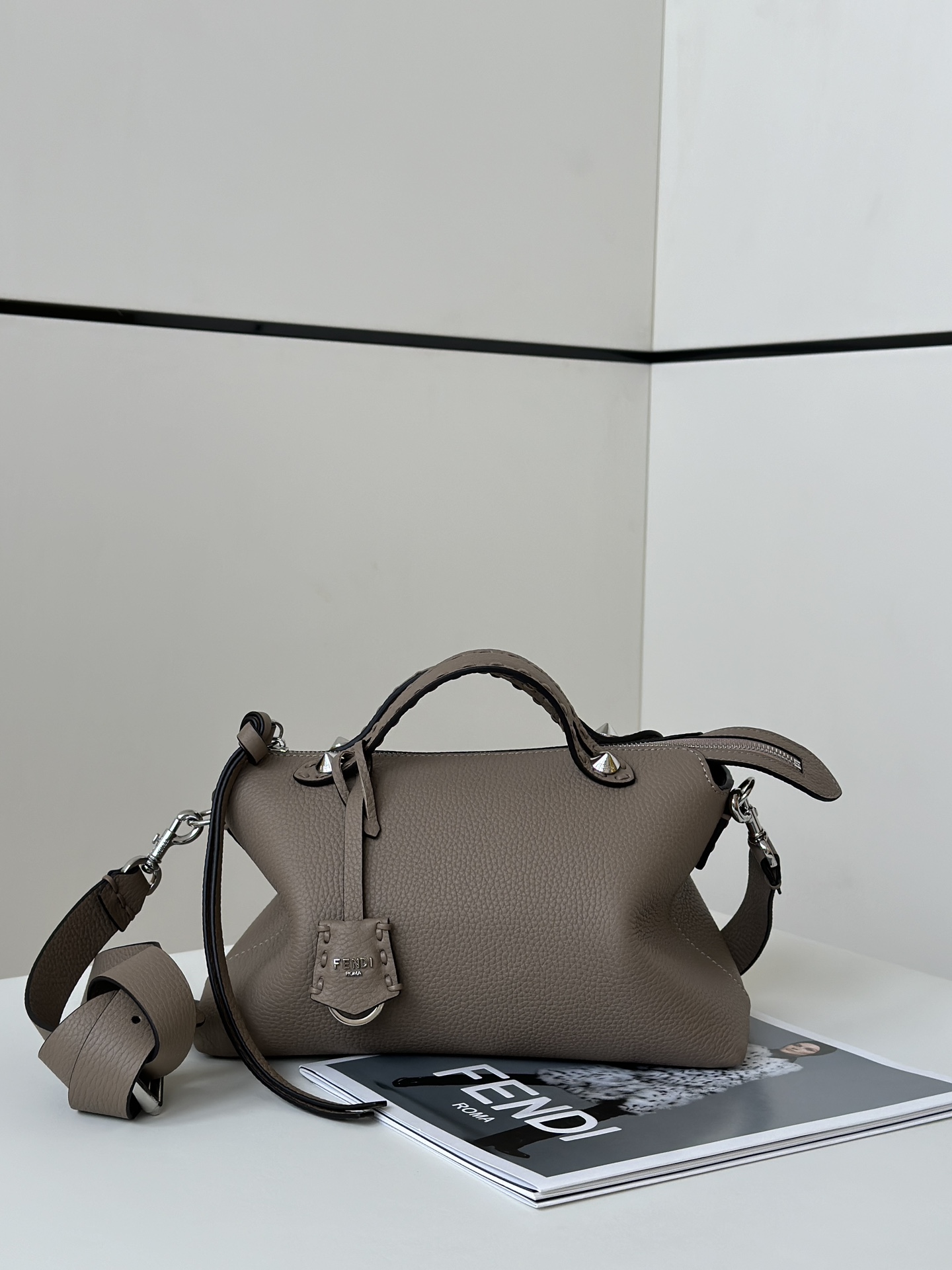 Fendi Medium By The Way Selleria With 192 Hand-sewn Topstitches Shoulder Bag Dove Gray